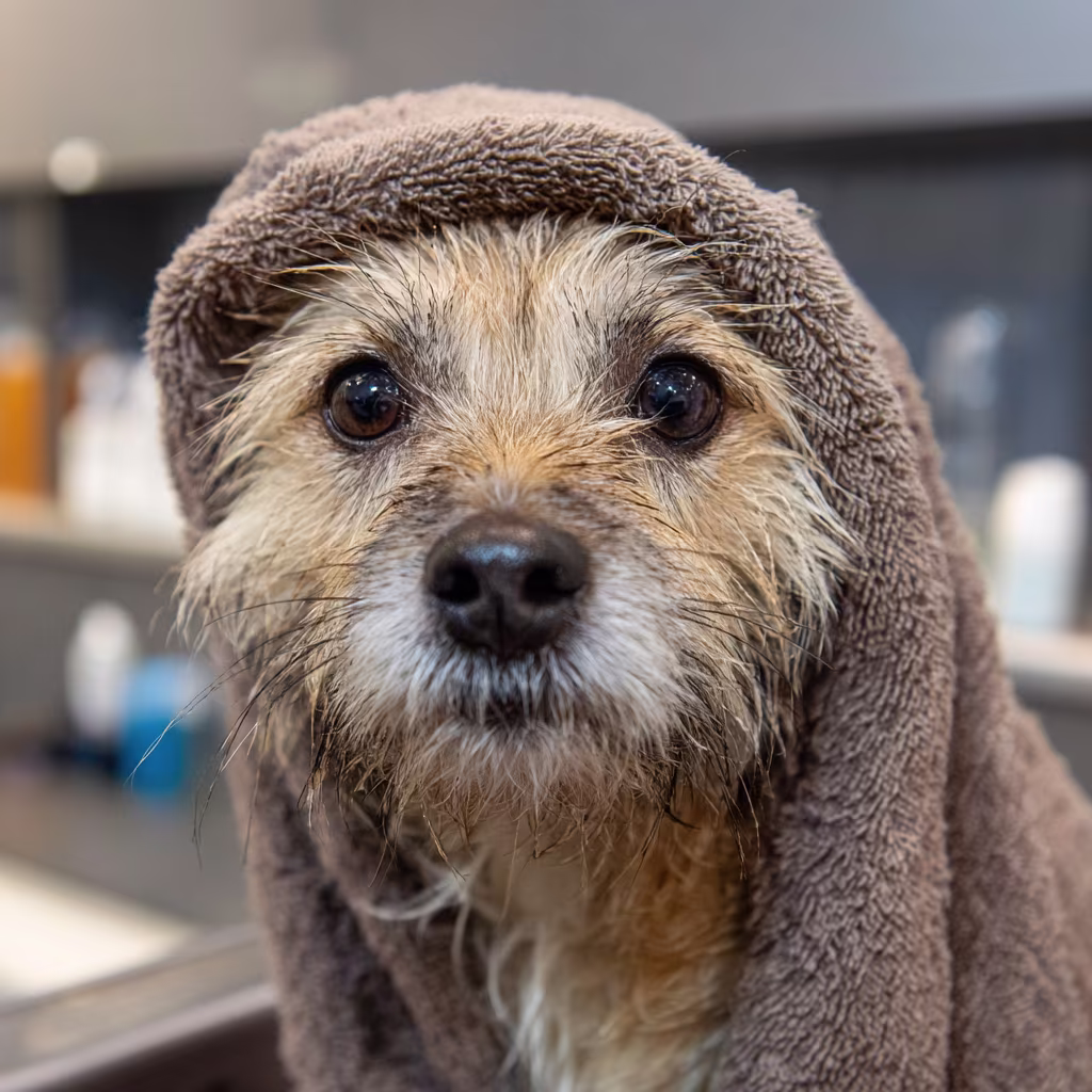 After-bath portrait of a freshly groomed dog at Petoria salon