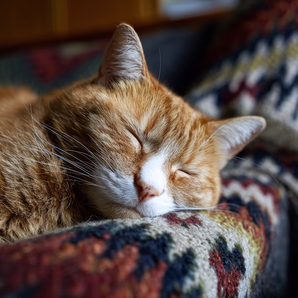 Cat guest napping on the sofa during a cage-free Pet Camp stay