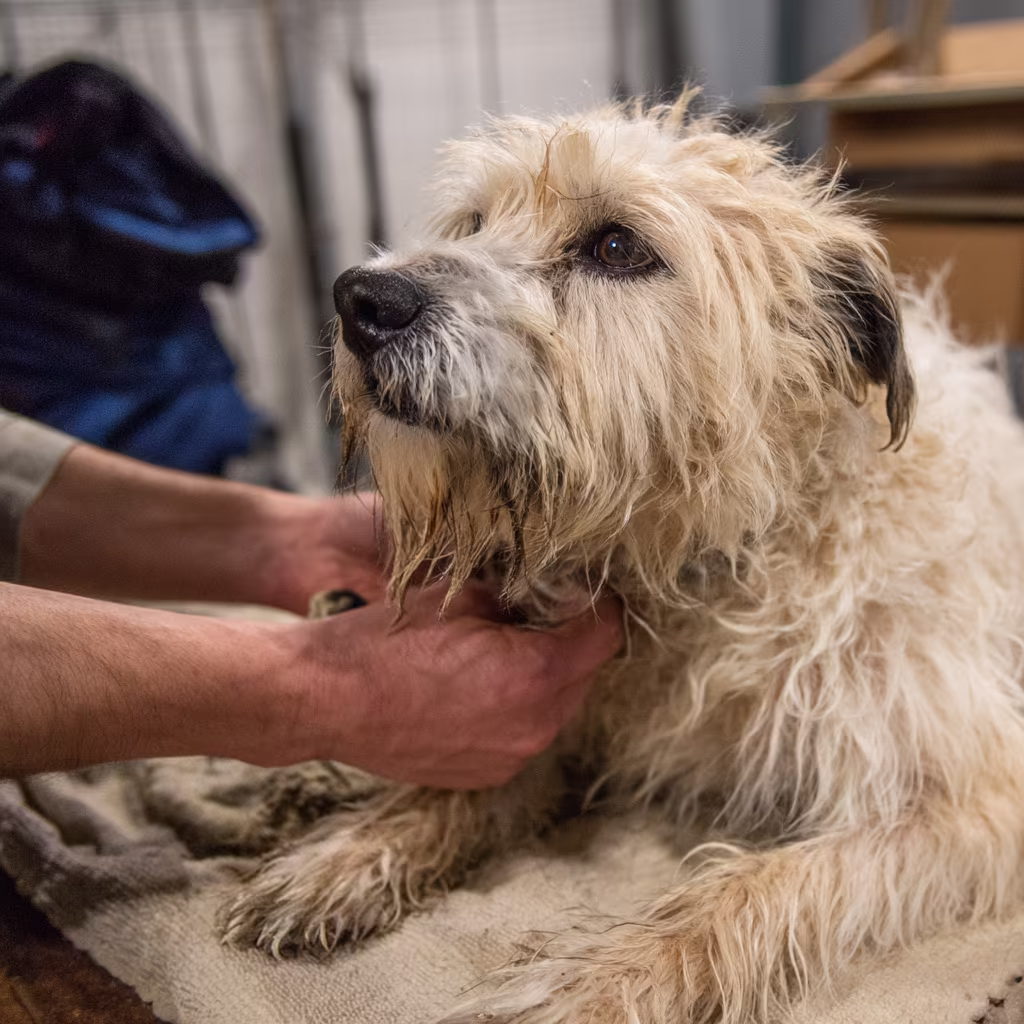 Close-up of hand stripping a dog's wire coat in progress at Petoria