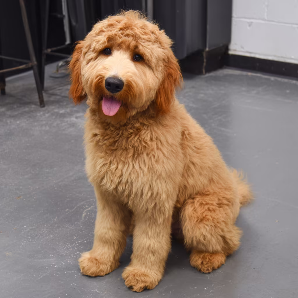 Golden doodle with a fresh teddy-bear cut, groomed at Petoria in Calgary